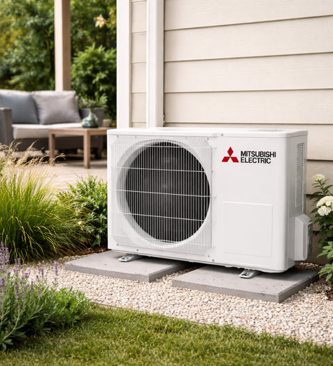 Photo d'un groupe extérieur Mitsubishi Electric Gamme compact AY dans un jardin