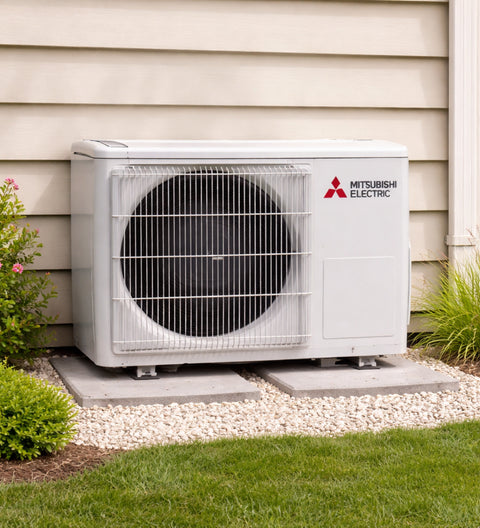 Photo d'un groupe extérieur Mitsubishi Electric Gamme essentiel HR dans un jardin