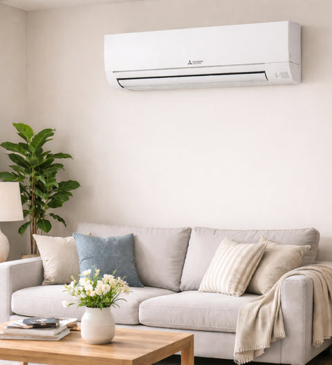 Photo d'un split Mitsubishi Electric Gamme essentiel HR dans un salon